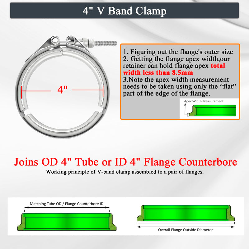 4 Inch Exhaust V band Clamp 304 Stainless Steel V-Clamp for 4" OD Flange Kits 4 Inch(no flanges)
