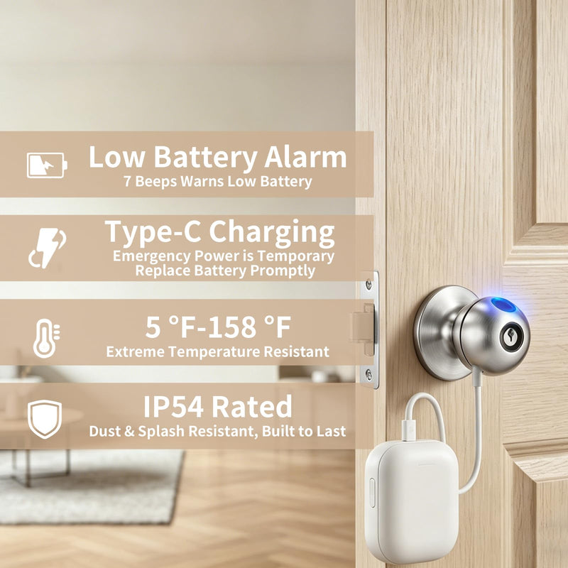 Fingerprint Door Lock, Self-Learning Biometric Smart Door Knob | Smart Lock for Bedroom, Home, Office & Apartment, 4 Modes, APP Control, 2 Keys, 50 User Fingerprints, Stainless Steel Nickel Nickel Finish