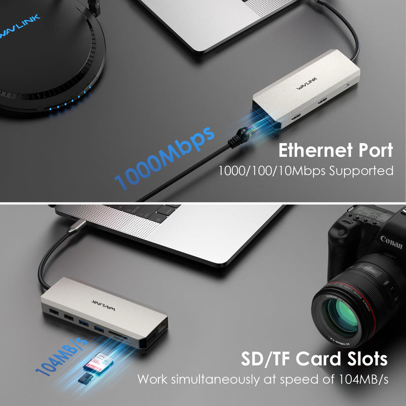 WAVLINK USB C Docking Station Dual Monitor, USB C Hub Laptop Triple Display, USB to 2 HDMI,DisplayPort, PD Charging,Ethernet,5 USB,SD/TF Card Reader,Audio for MacBook, Dell, HP, Lenovo, Surface Sliver