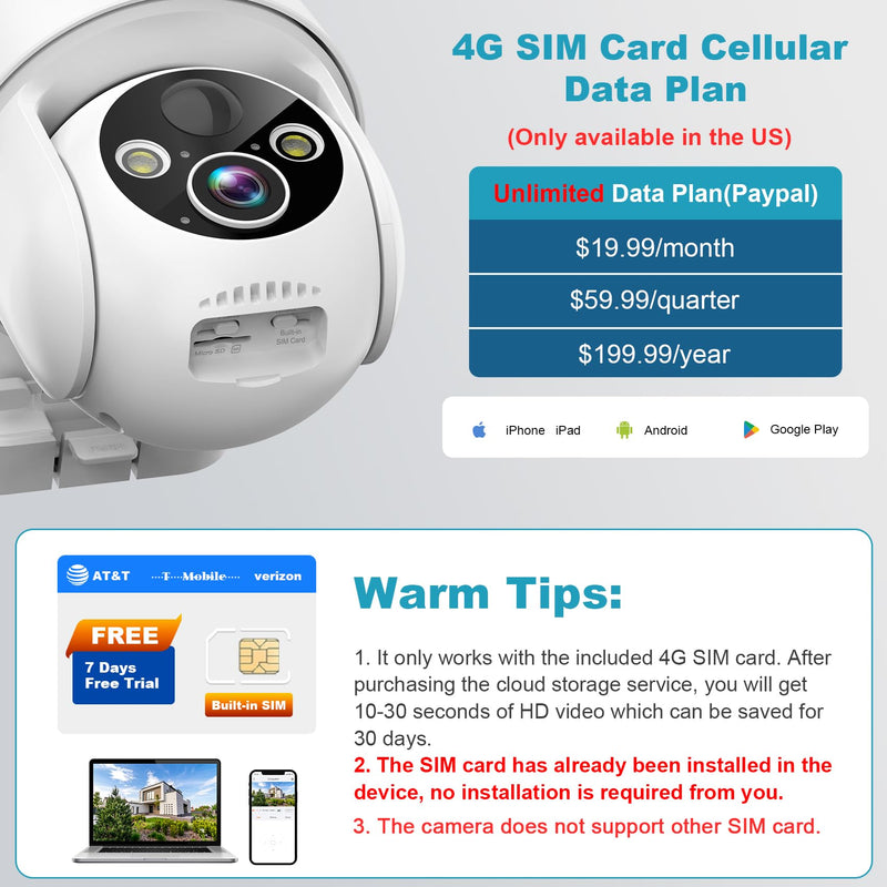 4G LTE Cellular Security Camera, No WiFi Solar Powered Wireless Outdoor Camera with Built in SIM Card, 2K Color Night Vision, 360° Full View, PIR Motion Detection & Siren, 2 Way Talk