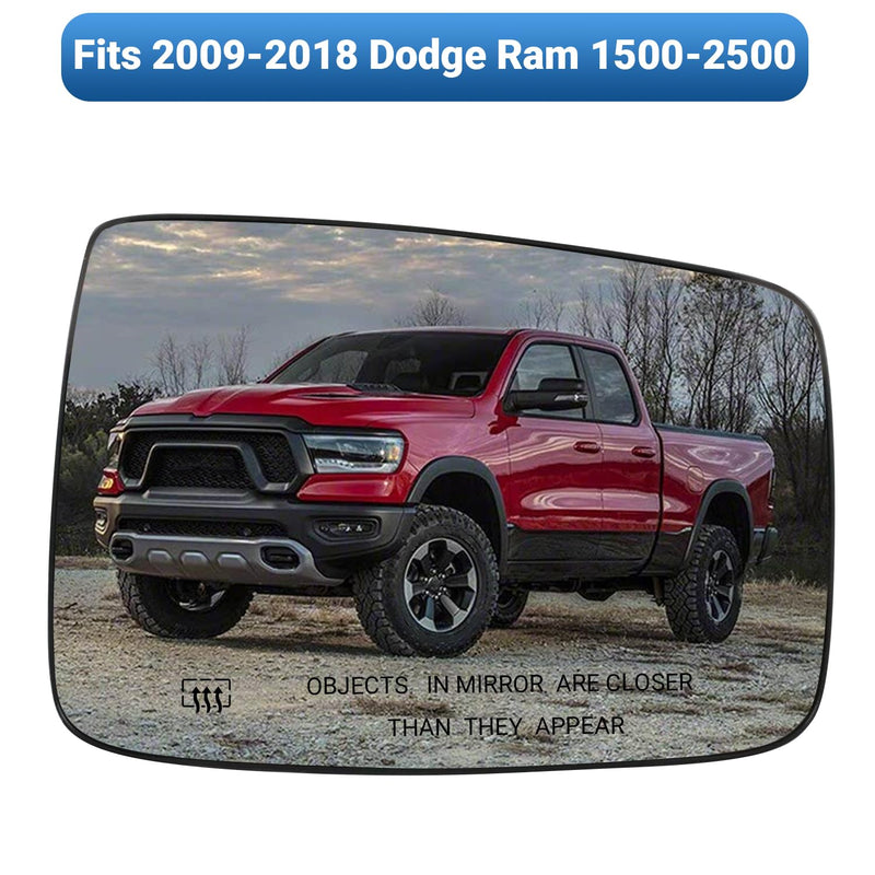 For Dodge Ram 1500/2500 Passenger Side Heated Mirror Glass | 2009-2018 Truck Mirror Replacement | Convex Design + Built-In Heater | Easy Install Passenger Side（Right）