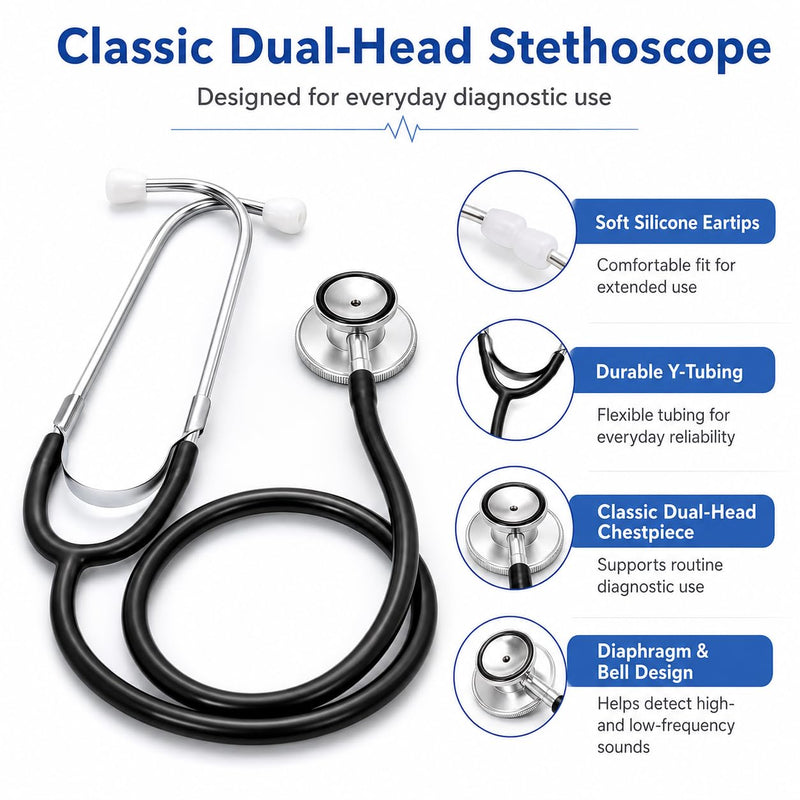 Novamedic NM-9288-BK Classic Black Dual Head Stethoscope, 22-Inch Adult Size Medical Stethoscope for Nurses, Doctors, EMTs, Nursing Students, Clinics, Nursing Homes, Cardiology & General Diagnostic Use