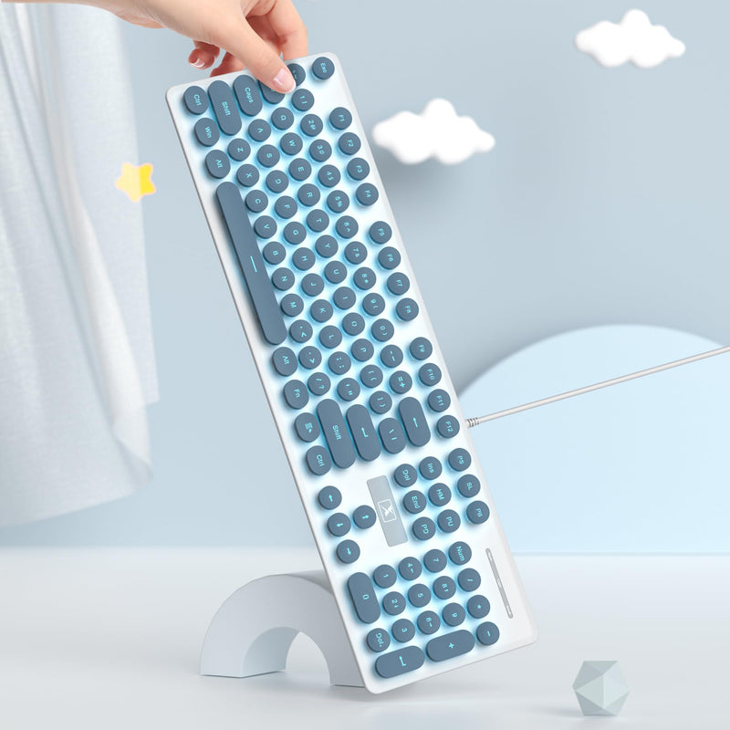 Typewriter Keyboard 104-key Punk Gaming Retro Keyboard LED Ice Blue Backlit Cute Keyboard with Wired USB Suitable for PC/Win/Mac/Laptop Computer Keyboard(Blue) V300/blue