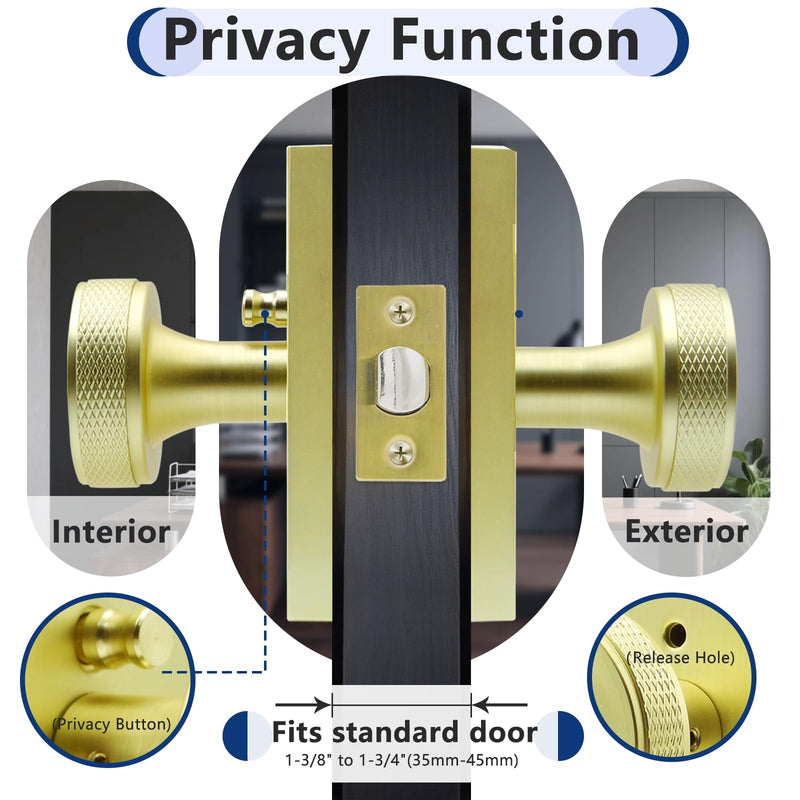Satin Gold Door Knob for Bedroom and Bathroom Indoor Door Knobs with Lock | Solid Zinc Alloy Knurled Door Knob, Heavy Duty Door Handle with Large Backplate, Interior Modern Door Knobs Satin Gold 1