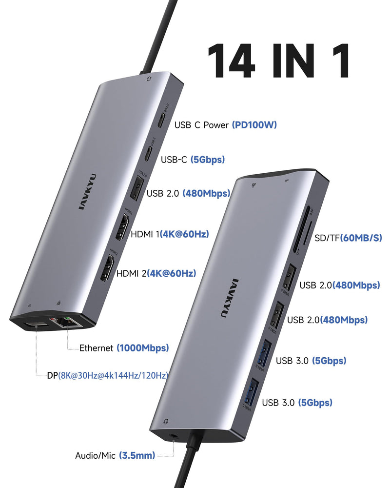 USB C Docking Station 3 Monitors 4K@60Hz, 14-in-1 Laptop Docking Station with 2 HDMI 4K@60Hz, DP 8K@30Hz/ 4K@144Hz, 3 USB 3.0, 2 USB 2.0, RJ45, Audio, PD 100W, USB-C HUB for Windows Laptop Accessories 4K HDMI+4K DisplayPort