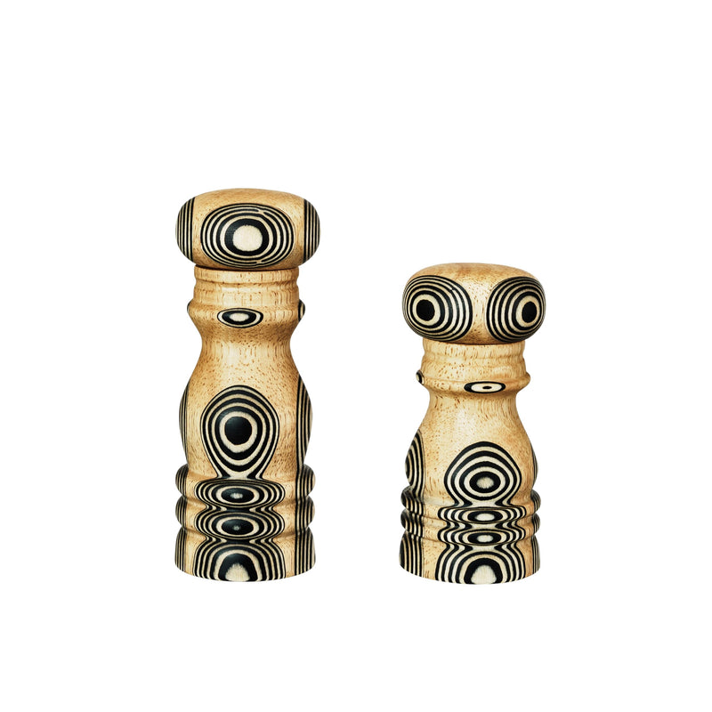 Bloomingville Wood Salt and Pepper Mills with Inlaid Circles Design, Natural and Black, Set of 2
