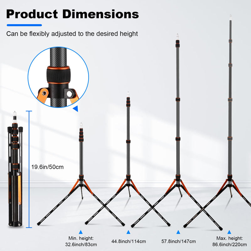 Soonpho Portable Light Stand Adjustable 7ft Carbon Fiber Lighting Tripod Stand with 180° Reversible Leg Tripod Light Photography Maximum Height of 86.5”/220cm for Flash Softboxes Camera SL-255C