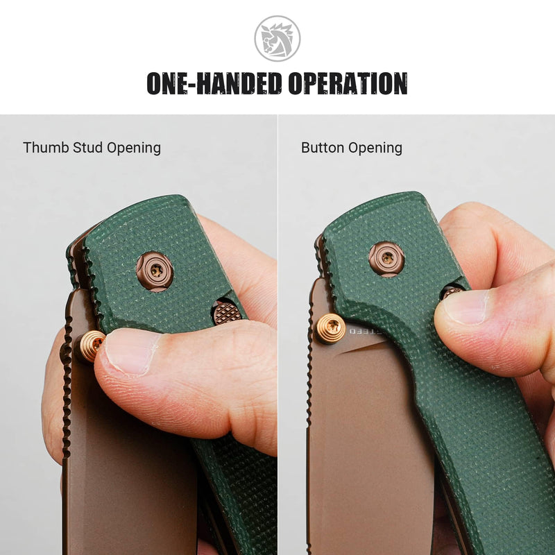 Vosteed Raccoon2.0 EDC Folding Pocket knives - Top Liner Lock, 3.25" Sandvik 14C28N Steel Rose Gold Blade, Green Micarta Handle for Camping Hiking - A2907 Green-Copper Dune