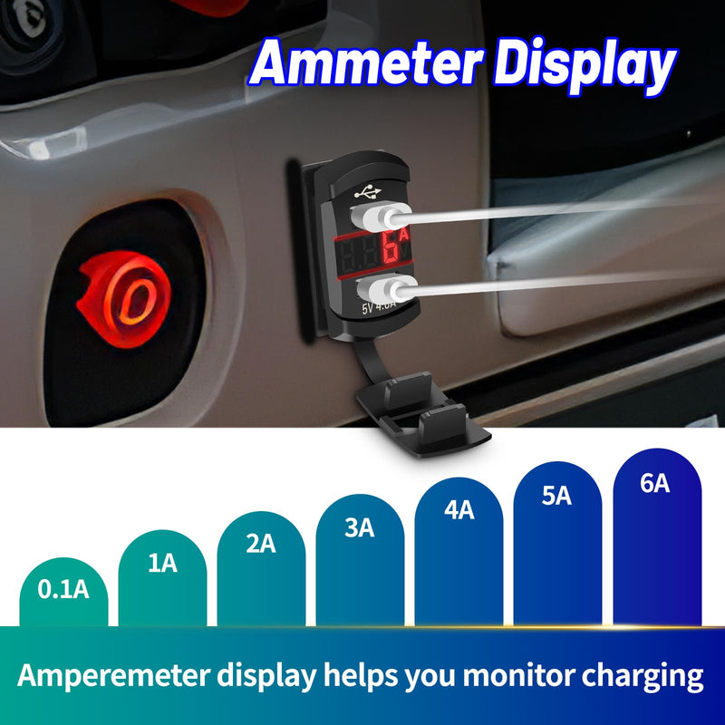 Rocker Switch USB Charger with New Updated Ammeter and Voltmeter Universal Fits Rocker Switch Panel 12V 24V Dual USB Charging Port Outlet for RV Cars Marine Boats ATVs Trailers Dual USB Current-voltmeter Red