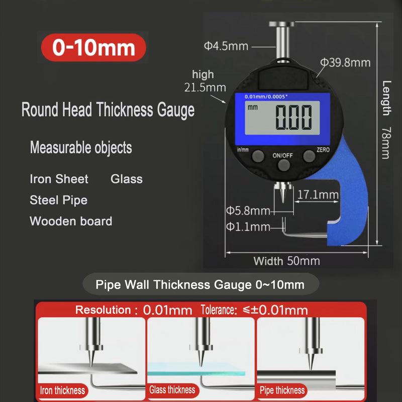 Digital Thickness Gauge Thickness Measuring Indicator | Measuring Range 0-10mm0.0005''/0.01 mm with LCD Display Thickness Gauge , for Hollow Tubes, Round Tubes(JT) Percentage Gauge Pointed 10MM