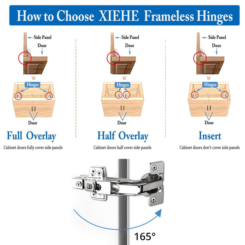 XIEHE Hardware 165 Degree Soft Close Half Overlay Frameless Hinges 4 Pack, for Kitchen Cabinets Door Brushed Nickel Flush Mount Clip-on Hinge with Screws half-overlay