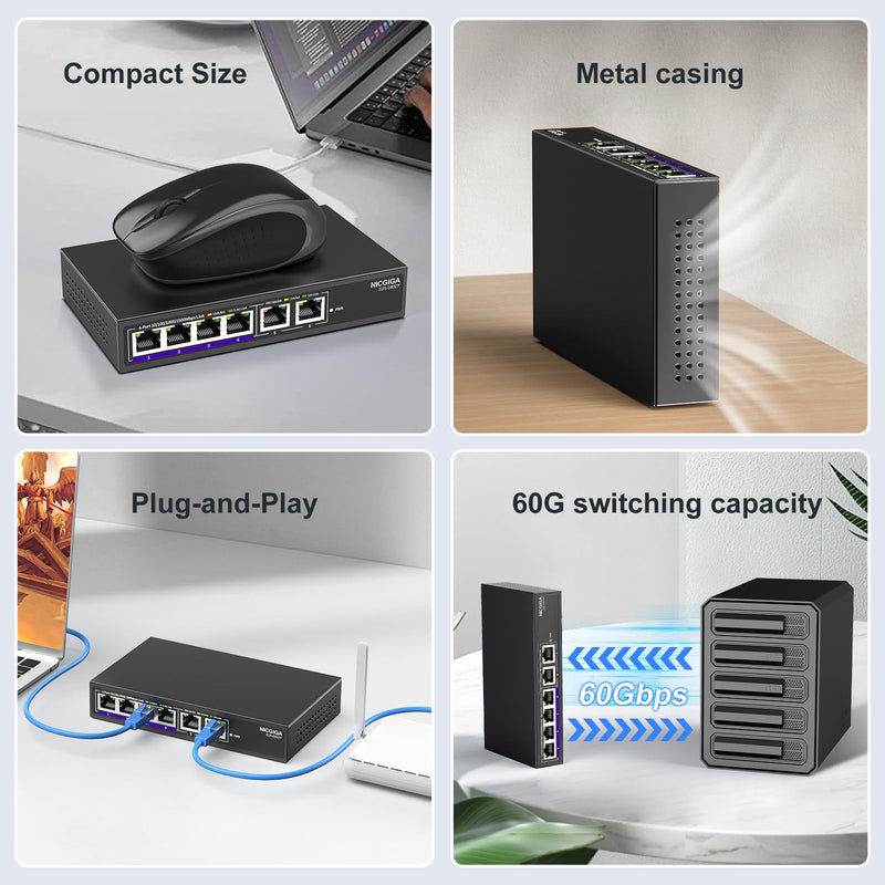 10Gbe Ethernet Switch Unmanaged with 2 x 10Gb RJ45 Ports ➕ 4 x 2.5Gb Base-T Ports, Desktop/Wall Mount NICGIGA 6 Port 10Gbps Network Switch for Wireless AP, NAS, PC 6 Port | 2x 10G RJ45 + 4x 2.5G