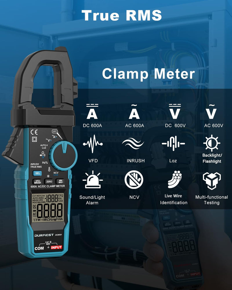 Clamp Meter DURFICST Digital Inrush Clamp Multimeter AC/DC 600A 6000 Counts Amp Voltage Tester with VFD, LOZ Mode，Measures AC/DC Current Voltage NCV Temperature Resistance Capacitance Frequency
