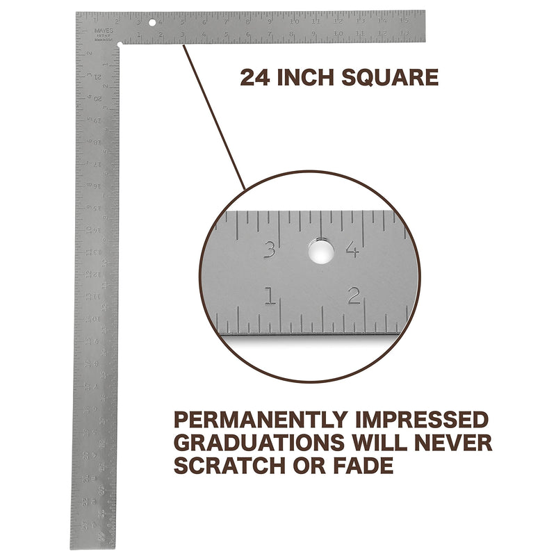 Mayes 10747 Steel Framing Square, Made in USA 16"x24" Carpenter Square, Embossed Graduations in 1/8, 1/10, 1/12, and 1/16 Inch Scales, Carpenter Tools Steel Carpenter Square 16"x24"