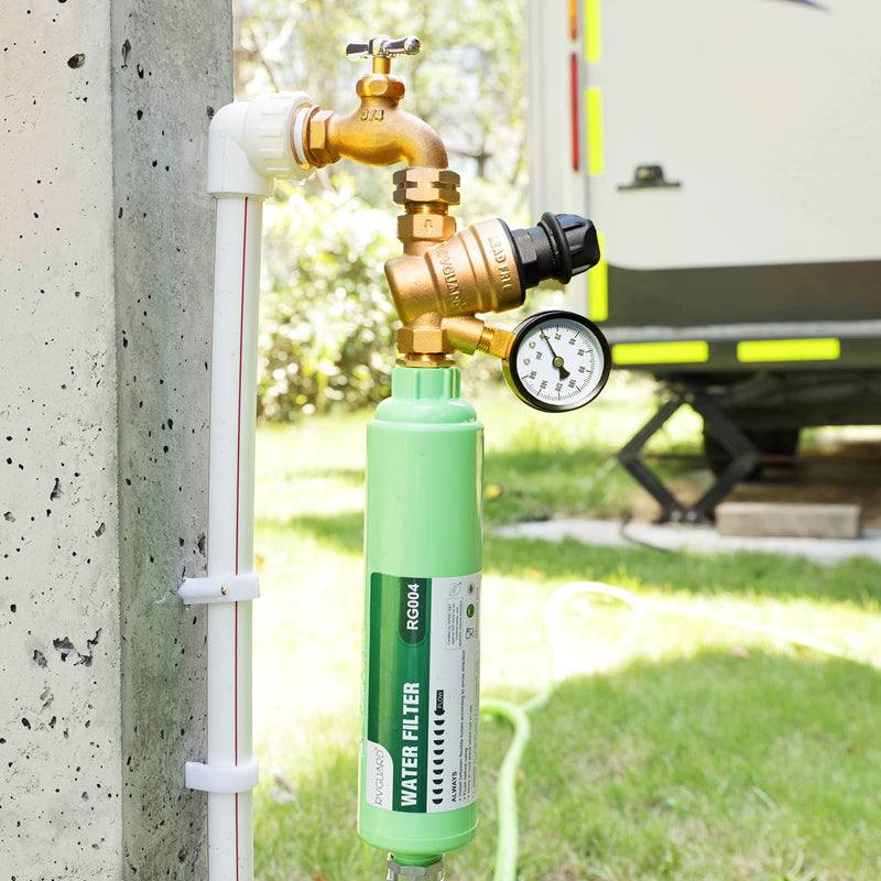 RVGUARD RV Water Pressure Regulator Valve With An Adjustable Knob, NO Tool Required, Brass Lead-Free Water Pressure Reducer with Gauge and Inlet Screen Filter for RV Camper Travel Trailer