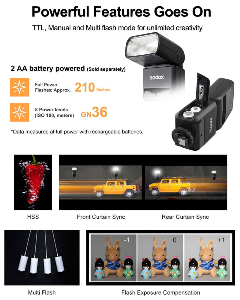 Godox TT350 Mini Thinklite TTL Flash for Sony Cameras (TT350S) – 2.4G Wireless, GN36, 1/8000s HSS Speedlite with Diffuser & Filter