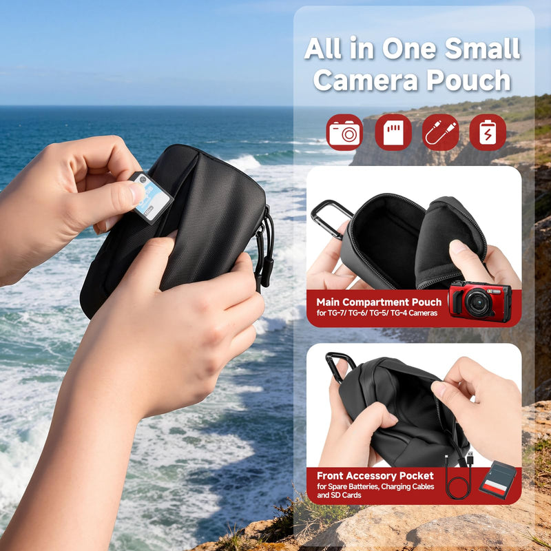 Travel Case for OM SYSTEM OLYMPUS Tough TG-7 TG-6 Camera Pouch | Splash‑Proof Protective Camera Bag with Front Accessory Pocket, for Diving Beach Hiking Outdoor Adventures, Black Case Only