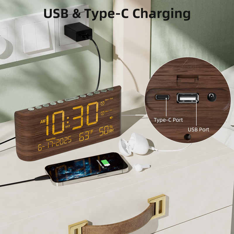 Raynic Digital Alarm Clock, Dual Alarms, 8.7" Large LED Display, USB & Type-C Charging Ports, Temperature & Humidity Display, 5-Level Dimmer & Volume for Bedroom & Home Office, Dark Wood Grain Finish