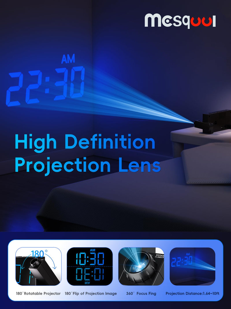 Mesqool Projection Alarm Clock, Loud Vibrating Alarm Clock for Heavy Sleepers, Adjustable Projection Brightness,Hearing Impaired & Deaf People, Digital Alarm Clock with USB Charging Port with Projection & Bed Shaker Blue Digits; Blue Projection