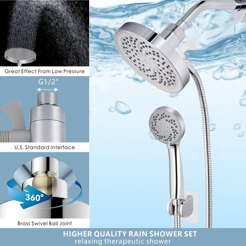 Rain Shower Head with Handheld, High Pressure Rainfall Showerhead and 3 Settings Hand held Spray Combo with Detachable Hose (Chrome) Chrome