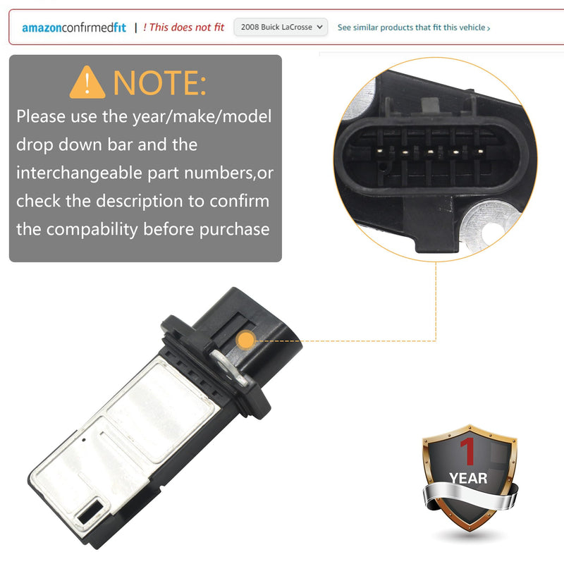 Maf Mass air Flow Sensor Meter Compatible with Buick Lacrosse Rainier Regal; Cadillac SRX STS; Chevy Colorado Impala Malibu; GMC Hummer Hyundai Isuzu More Replace OE 15865791 AF10142