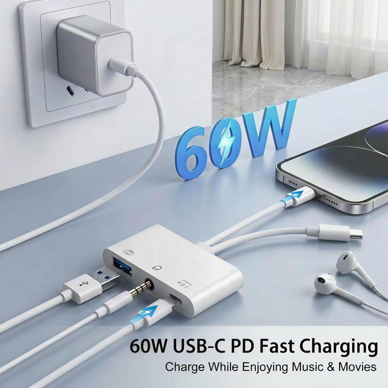 USB-C & Lightning to 3.5mm Audio Jack Adapter, Lightning to USB C Adapter with USB-A OTG Port and 3-in-1 USB-C Port for Charging, Data Transfer & Aux Audio, Compatible with iPhone17 iPad Galaxy S26
