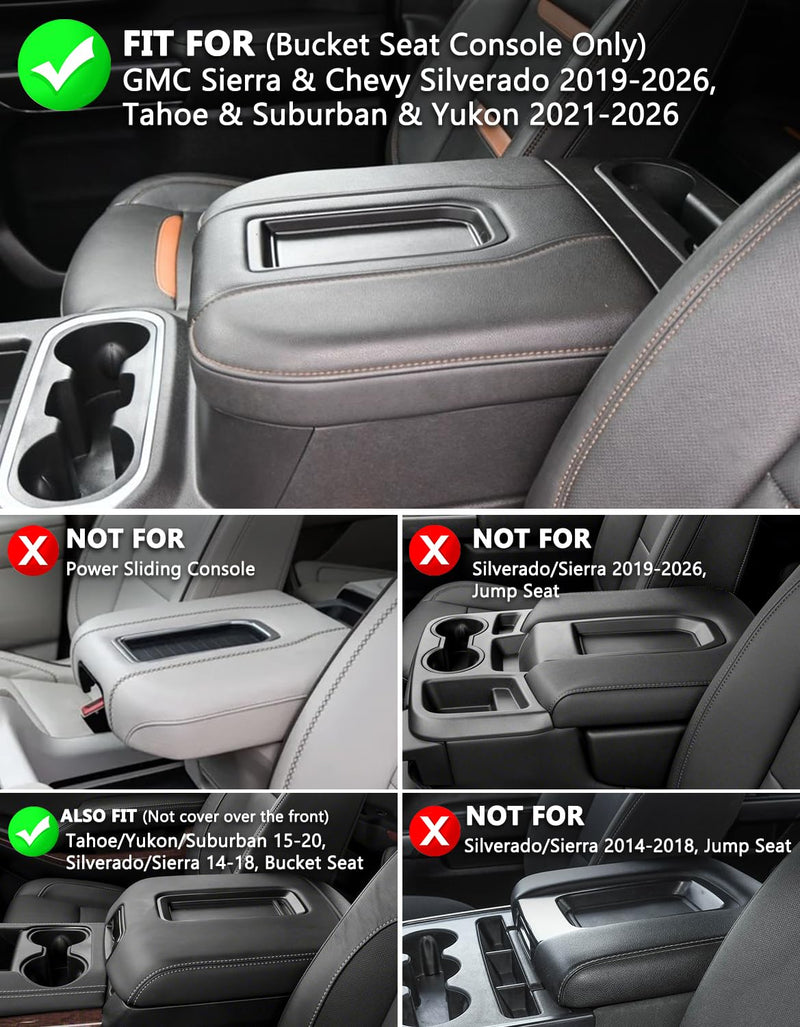 KBH Center Console Armrest Cover for Chevy Chevrolet Silverado & GMC Sierra 2019-2026, Tahoe & Suburban & Yukon 2021-2026, Bucket Seat Only, Vinyl Leather Car Arm Rest Box Cushion Pad Covering, Black Bucket Seat 2019-2026 Silverado, Sierra etc.