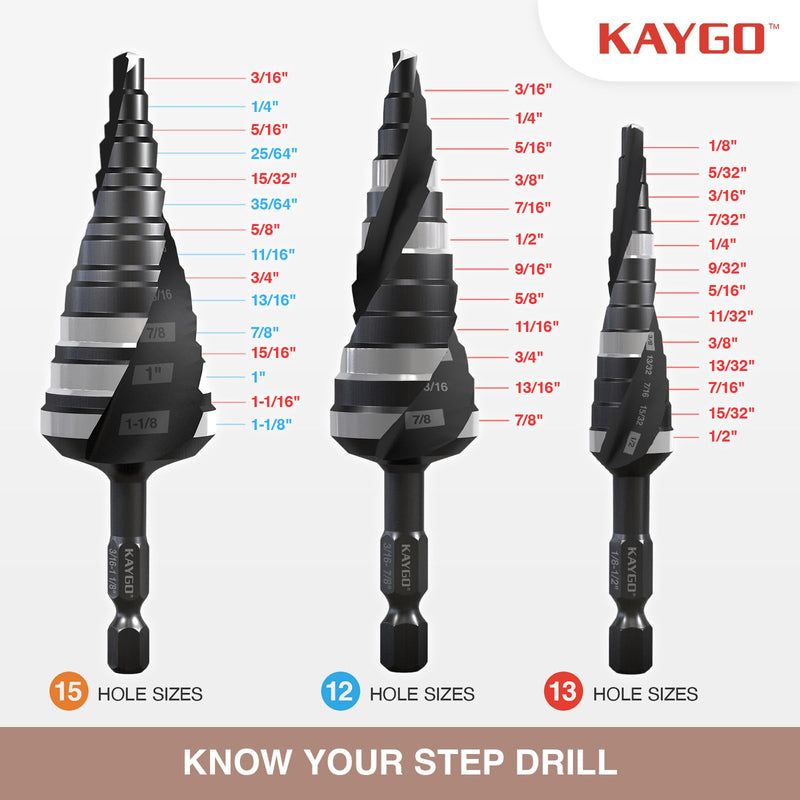 KAYGO M35 Step Drill Bit,3/16 to 1-1/8 inch Unibit Step Bit with Double Sprial Flute,1/4 -inch Hex Shank Drill Bit for Metal,Stainless Steel, Aluminum,Copper,Wood,PVC 3/16"- 1-1/8"