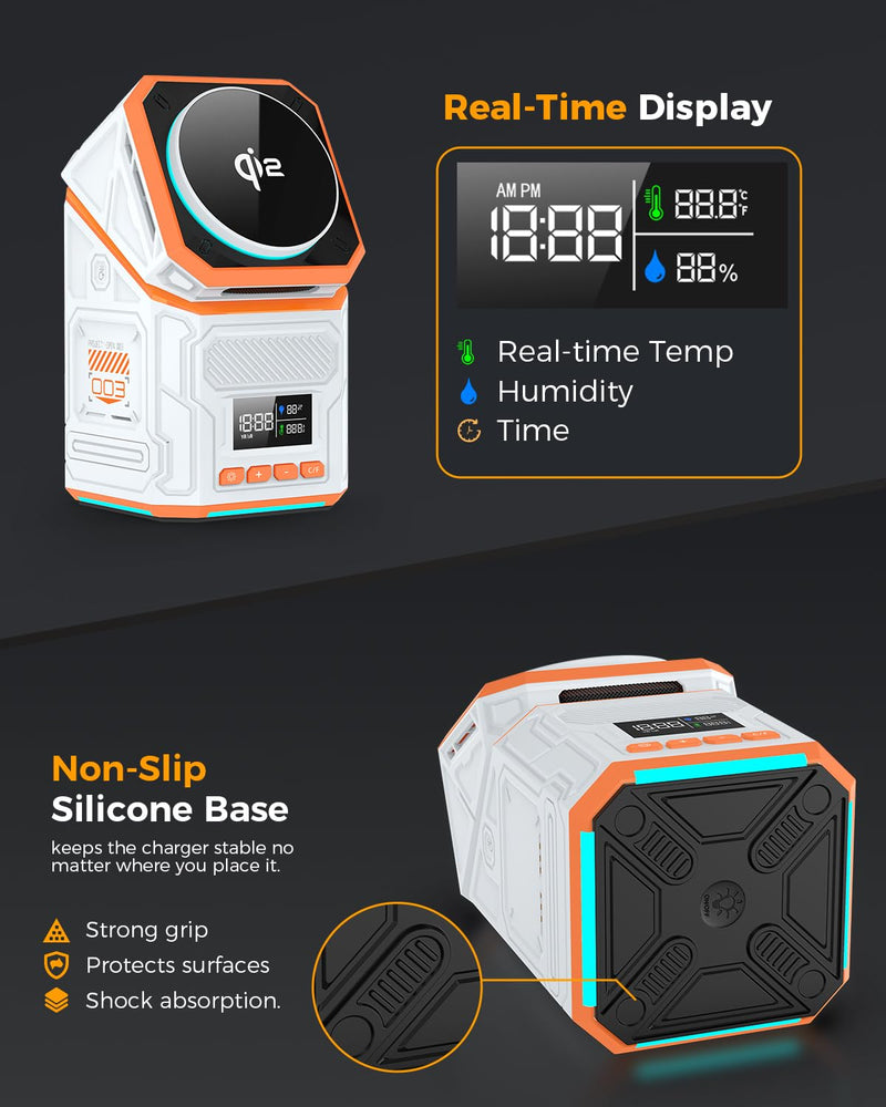 3-in-1 Wireless Charger Stand, Qi2 Certified 15W Fast Charging Station for iPhone 17 Pro, Auto-Rotation Mag-Safe Charger with Active Cooling Fan, Digital Clock & Monitor for Apple Watch, AirPods