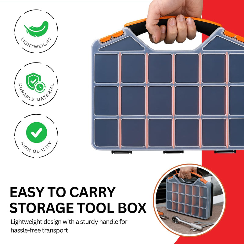 Andalus Tools Organizer Box, Small Parts Storage 18-Compartment Portable Hardware Organizer Removable Plastic Dividers for Screws, Nuts, Bolts, Nails – Orange (2 Pack, 12.75" x 10" x 1.75") 2 Pack (12.75 x 10 x 1.75 Inches)