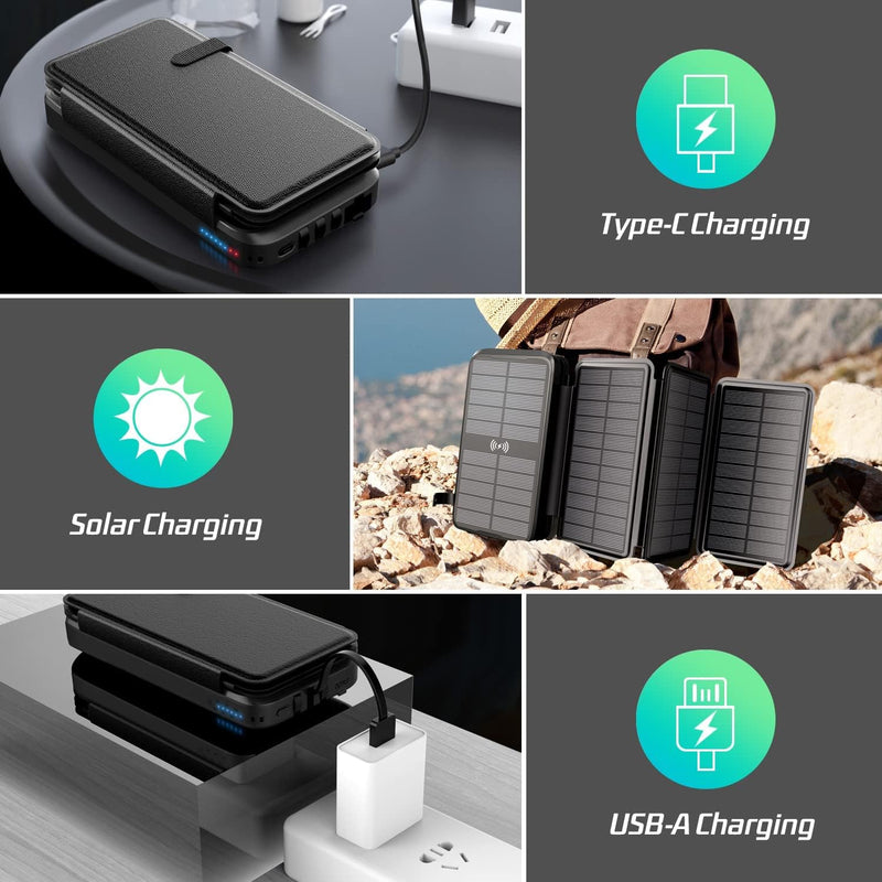 superallure Solar Charger, Power Bank, Portable Charger,43800mAh QC3.0 Fast Charger Qi 10W Wireless Charger 4 Solar Panel Built-in 2 Kinds Output Cable and 680Lumen flashlights Black
