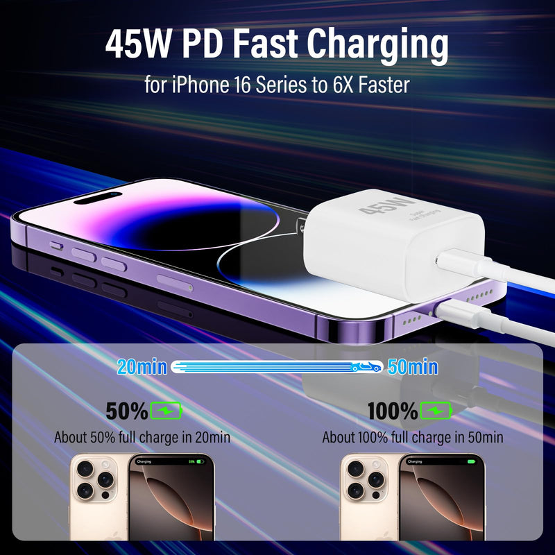 iPad Charger Fast Charging, 45W USB C Wall Charger Block + 10FT Cable | USB C Cable for iPad Pro 13/12.9/11 inch, iPad A16 11th/10th, iPad Air 13/11 inch M4/M3/M2/5th/4th, iPad mini 7/6, New iPhone White2-45W 10FT-C