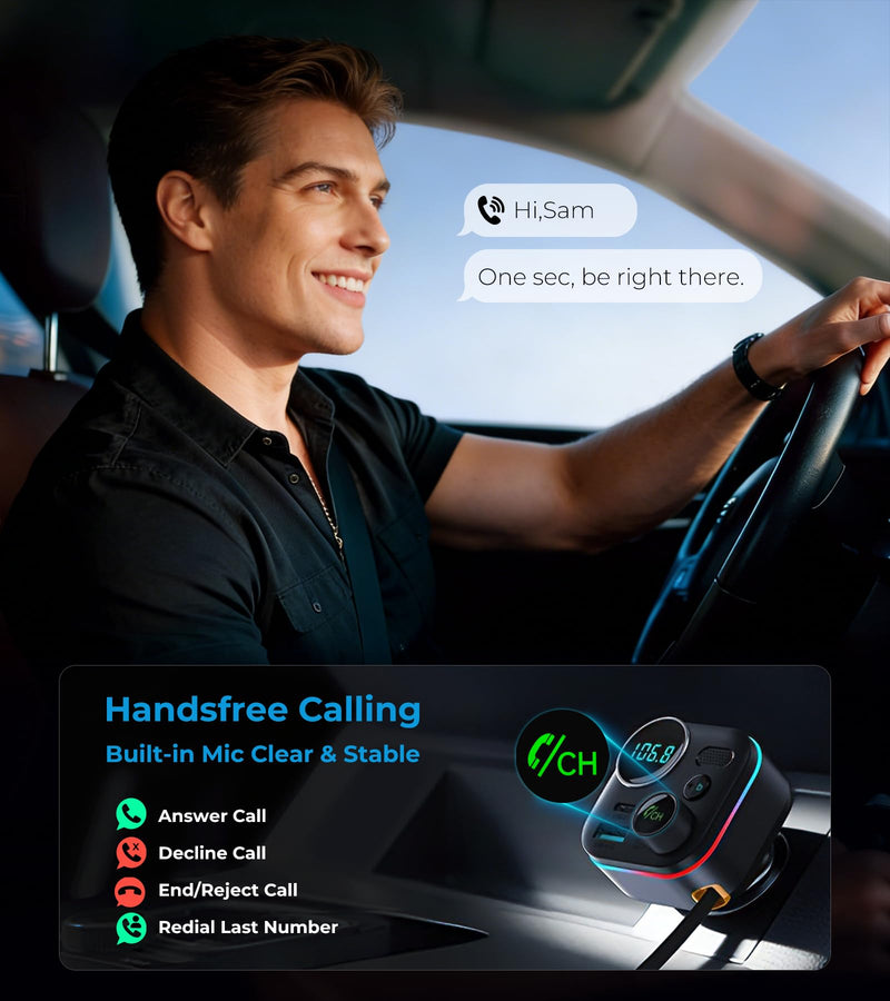 Bluetooth 5.4 FM Transmitter, 72W Car Charger with 45W Retractable USB-C PD | Built-in Cable, Hands-Free Calling, Deep Bass, LED Display, USB Drive Music Player for Cars Trucks
