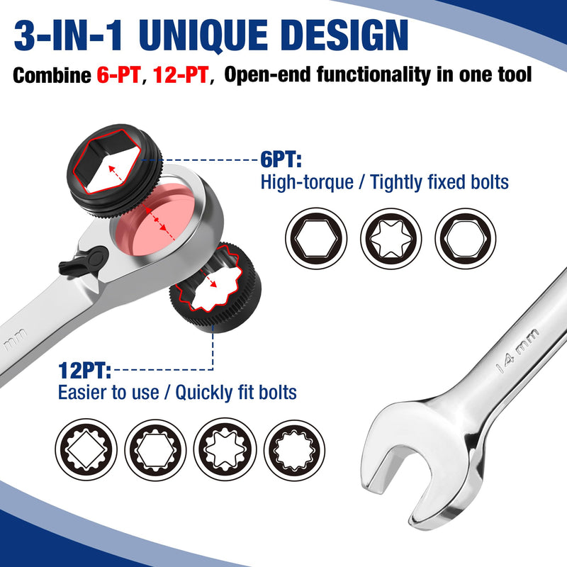 WORKPRO 7-Piece 3-in-1 Reversible Ratchet Wrench Set, Metric 8mm to 17mm, 6PT & 12PT & Open-End Wrenches, 72-Teeth Ratcheting Combination Wrench with Rolling Pouch