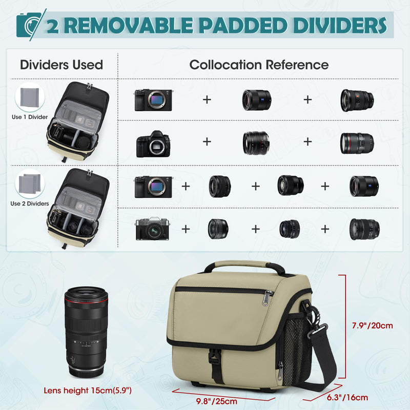 RAINSMORE Camera Bag, DSLR SLR Mirrorless Camera Case for Photographer | Waterproof Camera Sling Bag with Rain Cover & Tripod Holder Soft Padded Crossbody Camera Bag for Sony Canon Nikon Fujifilm Khaki M