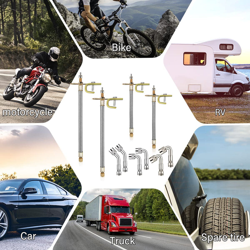 10 Pieces Stainless Steel Dually Valve Stem Extension, Includes 4 Pieces Dual Tire Valve Extension 6 Pieces Valve Extender Adaptor for Most Cars Truck RV (7.1 Inches, 11.8 Inches) Style#1
