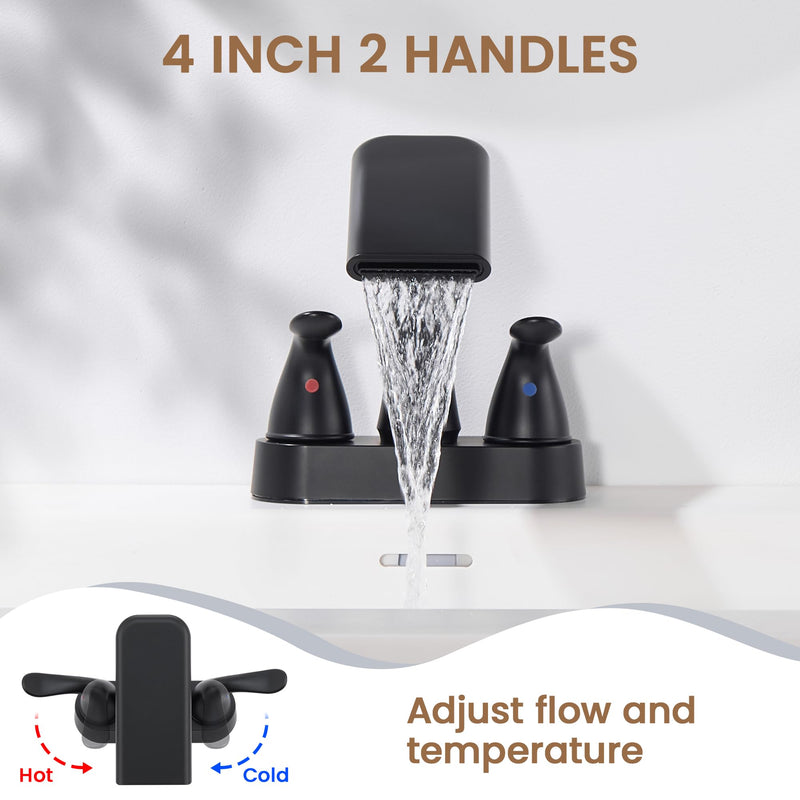 Matte Black Bathroom Faucet 4 Inch Centerset, Waterfall Plastic Bathroom Sink Faucet with Pop Up Drain, Dual Handle, 360° Swivel Spout, Fits 2 or 3 Hole Lavatory Sink, Modern Design, Non-Metallic 1 Pack Matte Black