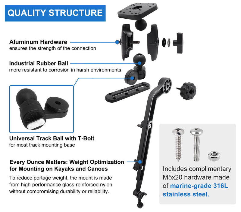 Kayak Fish Finder Mount with Transducer Mounting Arm, 1.5" Ball Marine Electronic Mount for Boat Track, Universal Mounting Plate, Compatible with Scotty, Lowrance, Garmin Fish Finders
