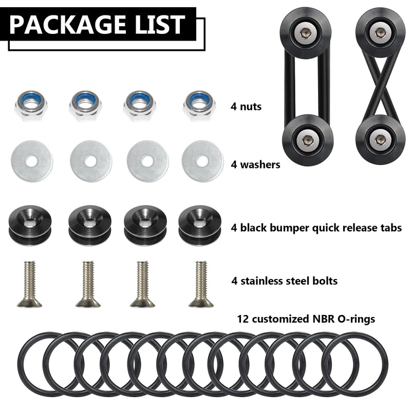 Universal Bumper Clips, Front Rear Bumper Quick Release Kit, Bumper Holders for Cars (4 Black Bumper Quick Release Tabs and 12 Customized O-Rings) black 2set