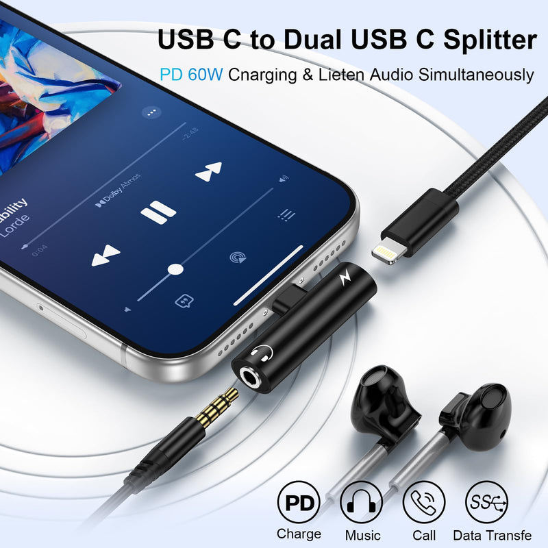 [Apple MFi Certified] Lightning to 3.5mm Headphone Adapter and Charger | 2-in-1 Lightning to Aux Jack Adapter & Fast Charger iPhone Dongle Audio Splitter for iPhone 14 13 12 11 Pro XR XS Max X 8 7 6 Black