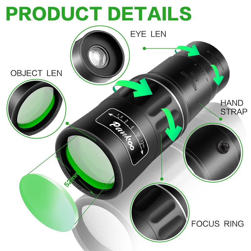 16X52 Monocular Telescope, 2023 High Power Prism Compact Monoculars for Adults Kids, HD Monocular Scope for Bird Watching Hiking Concert Travelling, D-Black, PA1652-2 16xmonocular