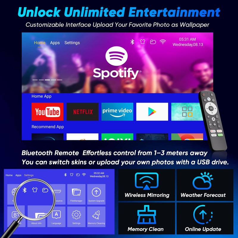 Mini Projector with WiFi and Bluetooth Auto Focus & Vertical Keystone Smart Portable Projector Android 13 with Built in Apps 1080P HD 4K Support w/ HDMI/USB Supported Home Movie Projector (Football) Football