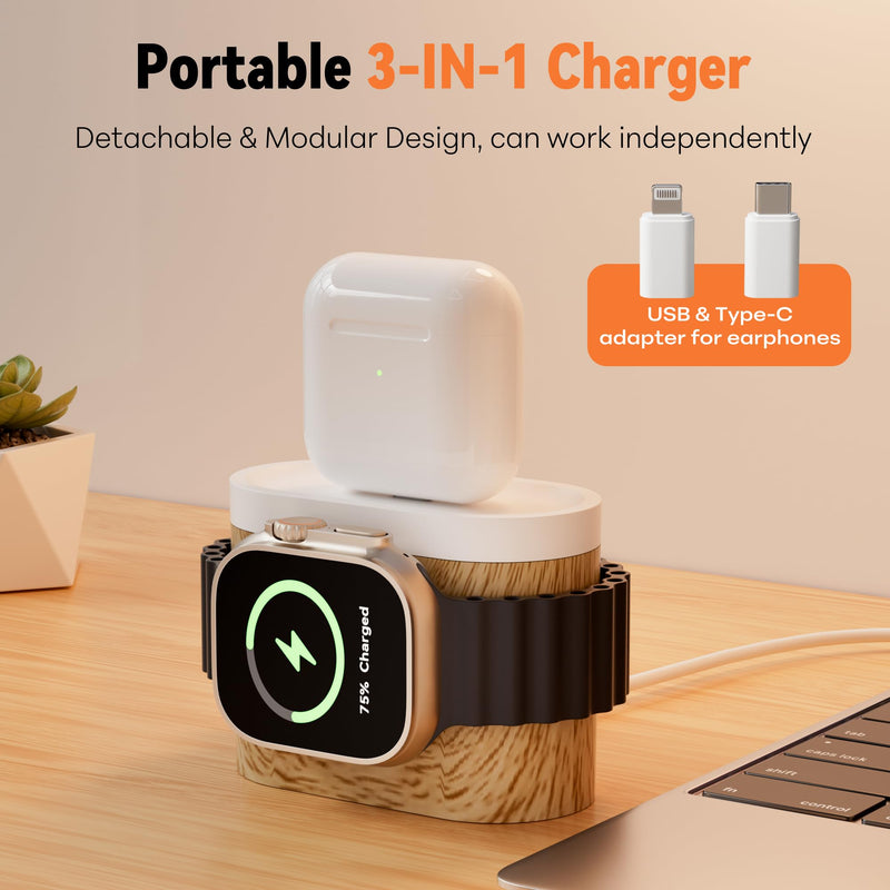 7 in 1 Wireless Charging Station, 25W Charger with Alarm Clock Night Light | 25W Bedside charging stand compatible with iPhone 17/16/15/14/13/12 Pro Max, Apple Watch, AirPods for bedroom daily use Wood