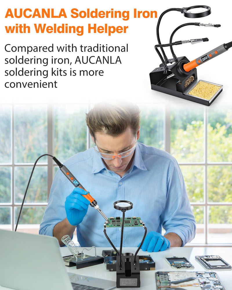Soldering Iron Kit, 100W High Power LCD Digital Solder Iron Pen, Fast Heating Soldering Tool with Magnifying Glass and Helping Hands, Iron Tips, Solder Wire, Tweezer, Automatic Sleep Mode Orange