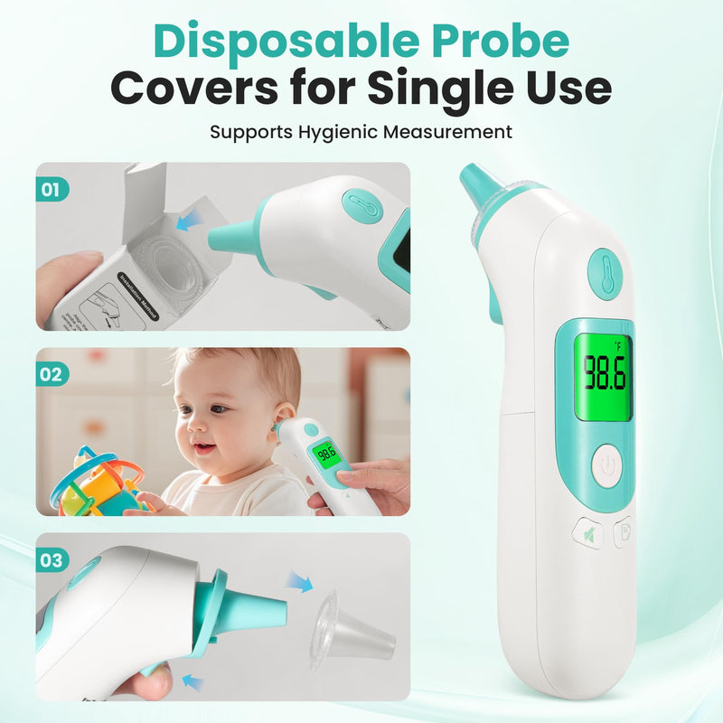 Thermometer for Adults and Kids, Accurate Baby Ear Thermometer with 3-Color Fever Indicator 40-Reading Memory F/°C Switch Mute Mode with Carrying Bag (White)