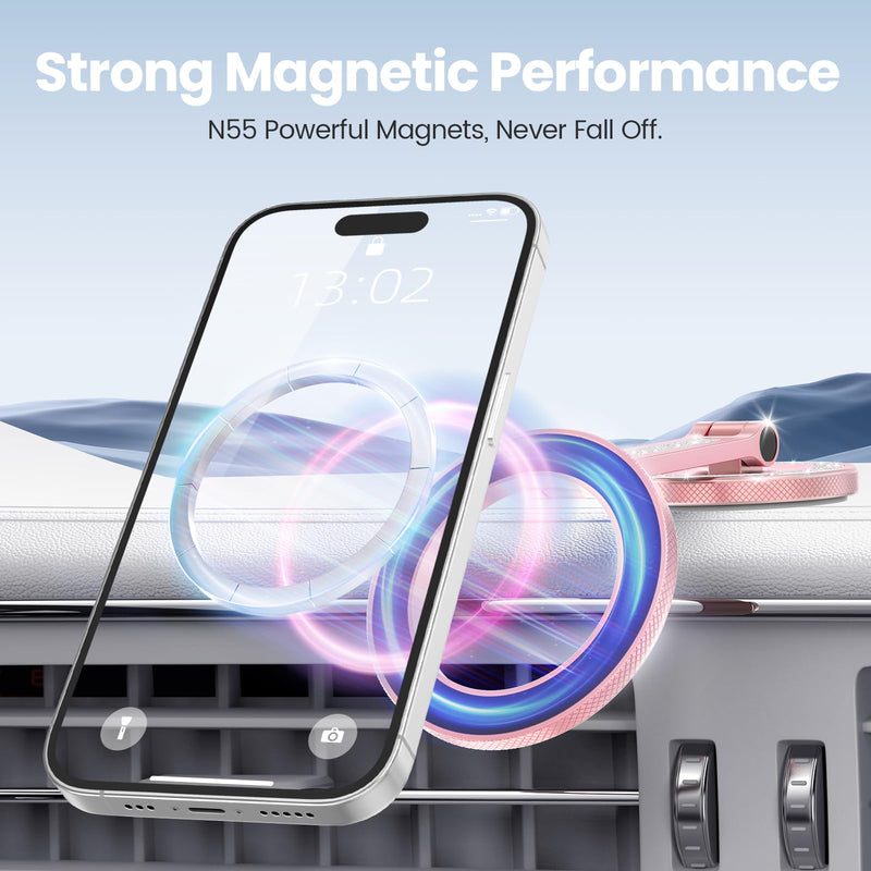 Pikabo Phone Holders for Your Car, Glitter Pink | Dashboard Windshield Car Phone Holder Hands Free Phone Mount for Car Compatible with iPhone MagSafe Accessories