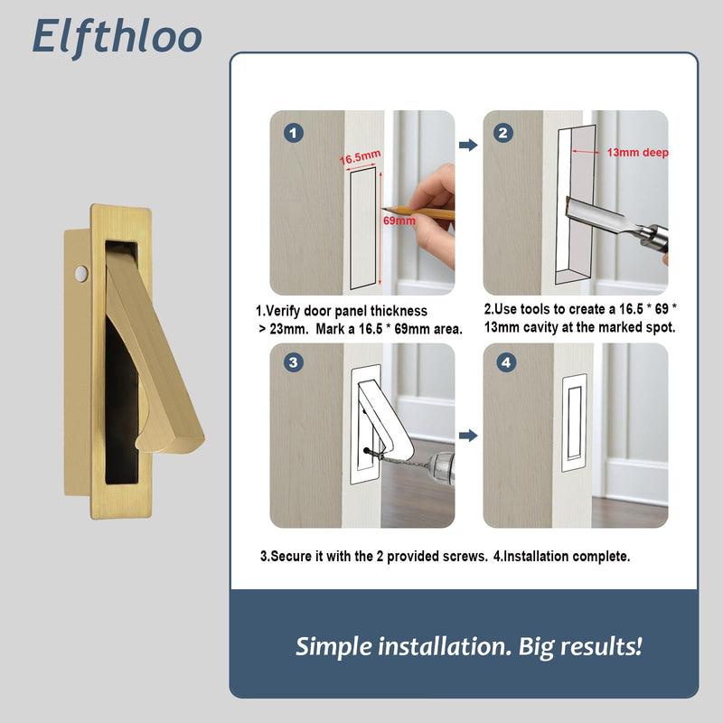 4 Pack Stainless Steel Recessed Pocket Door Pull Handle, Flush Mount Sliding Door Hardware with Hidden Finger Design, Used for Modern Furniture & Interior Doors, Brushed Brass 4 Pack