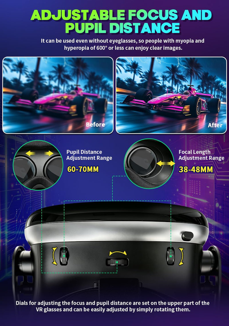 VR Headset with Bluetooth Controller, HD Aspheric Lenses, Adjustable Focus & IPD – Universal Fit for 4.7–7" Smartphones with Heat Dissipation Design