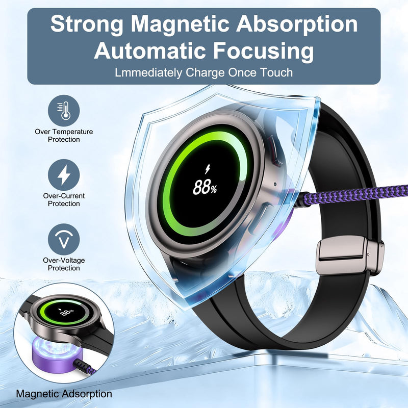 Travel Essentials Magnetic Fast Charger for Samsung Watch Charger 8 Classic | 2in1 USB A & USB C Fast Charging Cable for Samsung Galaxy Watch 8/7/Ultra/6/5 Pro/5/4/4 Classic/3/2/A17/A16/A37/S26/S25/S2 Purple