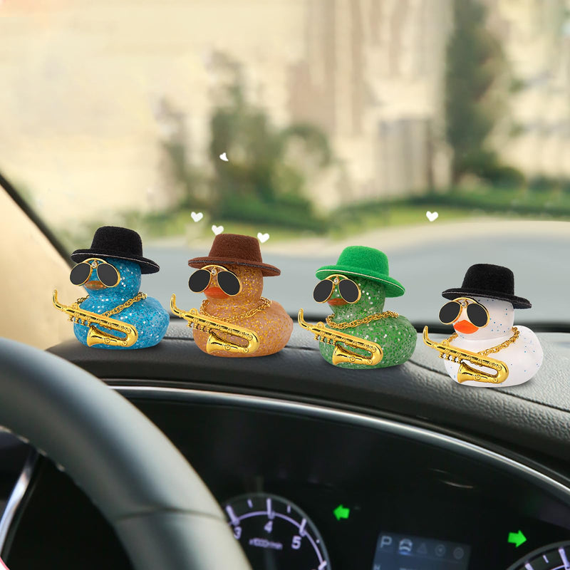 wonuu Car Dashboard Ducks, Saxophone Decor Rubber Duck Car Ornaments with Mini Top Hat Necklace Sunglasses (Light Blue) Glitter Light Blue
